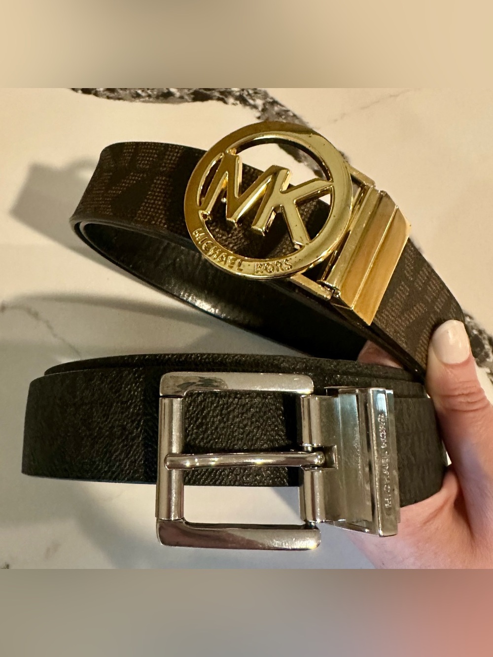 Michael Kors Brown & Black Reversible Logo Belt with Gold and Silver Buckles